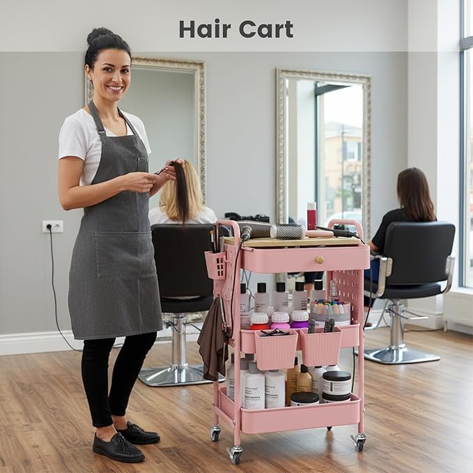 danpinera 3 Tier Rolling Cart, Metal Storage Cart with Drawer, Wooden Tabletop & DIY Pegboards, Utility Carts on Wheels with Hooks & Hanging Cups, Mobile Storage Organizer Trolley for Kitchen, Office