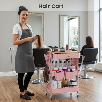 danpinera 3 Tier Rolling Cart, Metal Storage Cart with Drawer, Wooden Tabletop & DIY Pegboards, Utility Carts on Wheels with Hooks & Hanging Cups, Mobile Storage Organizer Trolley for Kitchen, Office