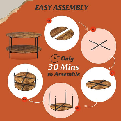 WLIVE Round Coffee Table, 32.6" Small Coffee Table with Storage Shelf, 2-Tier Circle Wood Center Table for Living Room, Apartment, Rustic Brown