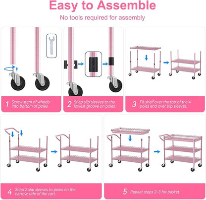 WDT Pink Rolling Utility Cart with Wheels, 990Lbs Heavy Duty Metal Cart with Handle & Shelf Liners, NSF Certified 3-Tier Storage Trolley for Esthetician, Kitchen, Salon & Craft Room, Pink