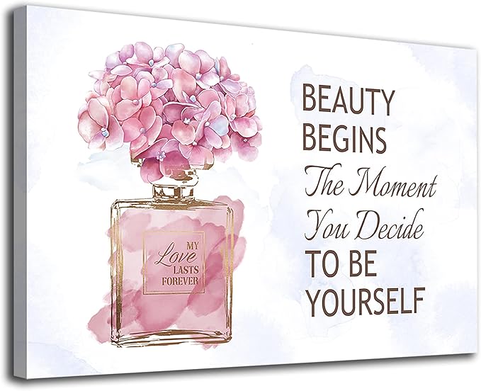arteWOODS Fashioner Perfume Canvas Wall Art Gold Bottle Pink Flower Canvas Pictures Brown Inspirational Words Canvas Prints Motivational Quetos Wall Decor for Bathroom Bedroom Powder Room 28" X 20"