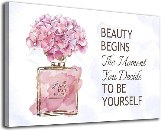 arteWOODS Fashioner Perfume Canvas Wall Art Gold Bottle Pink Flower Canvas Pictures Brown Inspirational Words Canvas Prints Motivational Quetos Wall Decor for Bathroom Bedroom Powder Room 28" X 20"