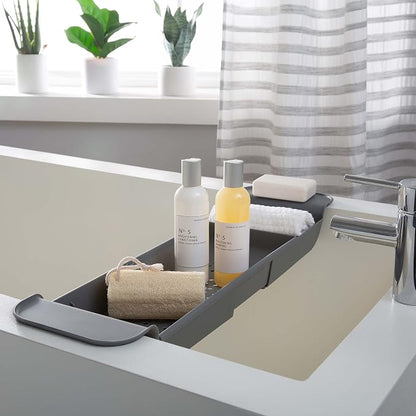 Bath Bliss Expandable Bathtub Caddy | Non-Slip | Over The Tub | 21-27 inch | Tub Tray | Bathroom Storage and Organizer | Shelf | Hold Soaps and Towels | Grey