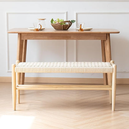 Solid Wood Entryway Bench with Shoe Storage, Rustic Oak Wood and Woven Design 39.4 Inch Long Seating for Living and Dining Rooms,Nature