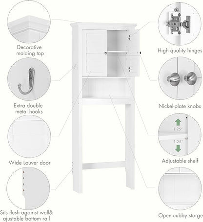 Spirich Over The Toilet Storage Cabinet, Space-Saving Above Toilet Bathroom Organizer with Adjustable Shelf and Hooks, White