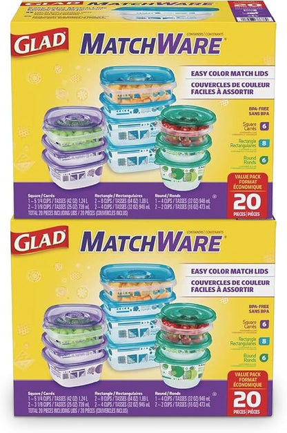 Glad GladWare MatchWare Food Storage Containers with Lids, BPA Free Reusable Plastic 20 Piece Variety Pack for Lunches, Meal Prep, and Leftovers, Leak Resistant, Microwave and Dishwasher Safe - 2 Pack