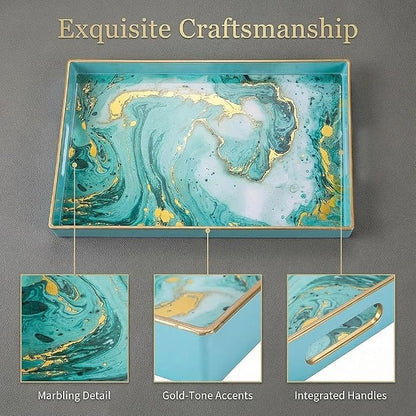 Decorative Tray, Marbling Plastic Tray with Handles, Rectangular Vanity Tray and Serving Tray for Bathroom, Kitchen, Ottoman and Coffee Table, 15.6" x 10.2" (Golden Blue)