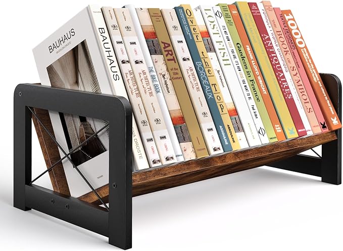 ELITEROO Desktop Bookshelf Organizer, Wood Slanted Desk Bookshelf, Small Tabletop Book Rack, Portable Mini Bookcase for Book Display, Cookbooks, Kids Reading, Office & Home Storage, Rustic Brown