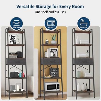 Whitmor 5-Tier Bookshelf with Drawer, Tall Narrow Bookcase with Wood Shelves & Metal Frame, Modern Display Storage Shelf for Living Room, Bedroom, Bathroom, Kitchen, Black