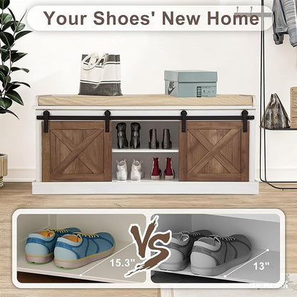 2-Tier Shoe Storage Bench,43" Wooden Shoe Cabinet with Sliding Doors,Length Shoe Bench with Adjustable Shelves,Storage Bench for Entryway,Hallway,Bedroom