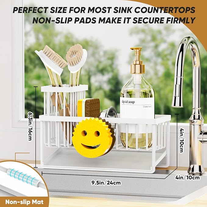 Taugast Sponge Holder for Kitchen Sink,Smiley Face Sink Caddy with Removable Brush Holder,Self-Draining Sponge Caddy for Soap,Dish Brush,Scrubber,Kitchen Essentials and Gadgets-White