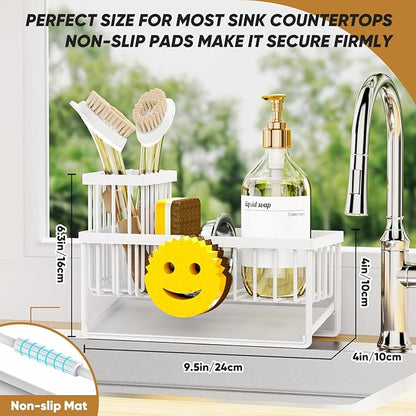 Taugast Sponge Holder for Kitchen Sink,Smiley Face Sink Caddy with Removable Brush Holder,Self-Draining Sponge Caddy for Soap,Dish Brush,Scrubber,Kitchen Essentials and Gadgets-White
