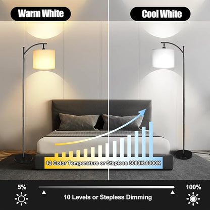 LED Floor Lamps for Living Room, 12W Modern Arc Floor Lamp with Remote & Adjustable Linen Lampshade, Stepless Dimmable Tall Standing Lamp for Bedroom Office Reading (White Shade)