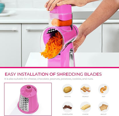 SUSTEAS Rotary Cheese Grater with Handle - Vegetable Shredder with 5 Well-designed Blades & Strong Suction Base,Round Mandoline Slicer & Food Chopper for Kitchen,with Blade Storage Box(Pink)