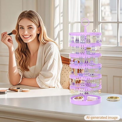 iDavosic.ly 6 Tier Rotating Earring Holder Organizer with Metal Tray, Adjustable Plastic Dangle Display Stands Tree with 342 Grooves, Large Hoop Storage Rack Tower, Purple