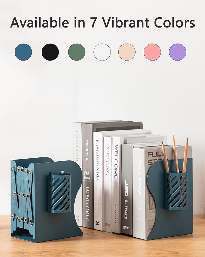 Kingsmile Book Ends, Adjustable Heavy Duty Metal Book Stoppers with Pen Holder for Desk Office Library Kids Room(Blue)