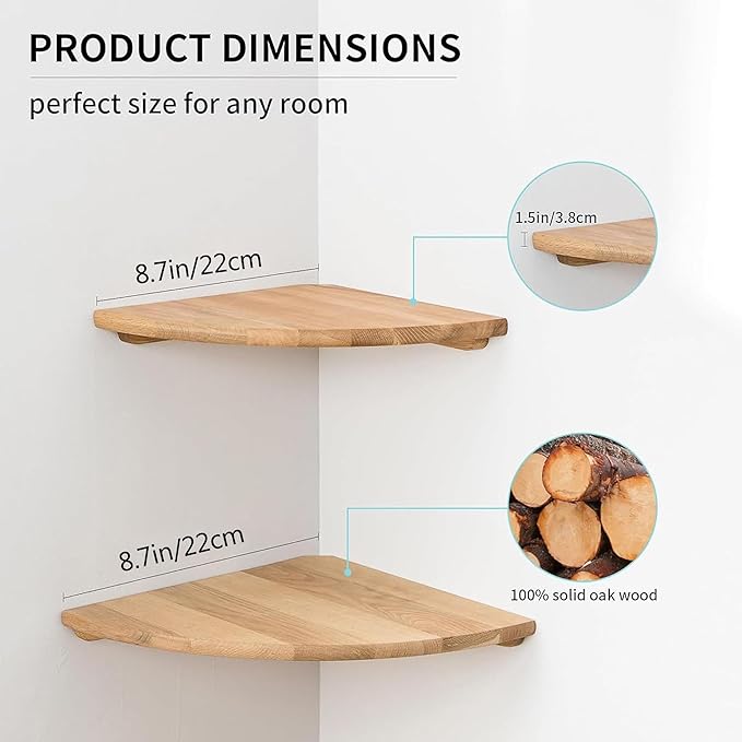 Conamily Corner Shelves, Floating Corner Shelf, Set of 2 Solid Oak Wood Wall Shelves, Round End Wall Mount with Wire Hole Shelving for Small Plant for Bedroom Kitchen, Living Room 8.7“