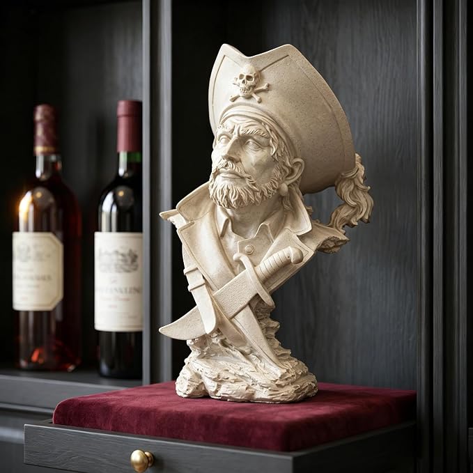 H&W Sandstone Pirate Figurines - Buccaneer Francis Drake Statue Decoration for Home/Study/Living Room, Great Collectible Figurines, Best Gift for The Man, Sandstone Color (HH17-D5)