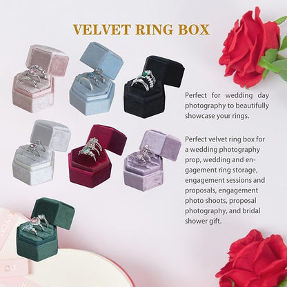 Wedding Ring Box 3 Slots - Hexagon Velvet Ring Box, Detachable Lid Three Slots Jewelry Ring Gift Box, Gorgeous Vintage Premium Ring Bearer Boxes for Proposal Engagement