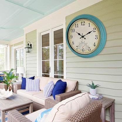 16 Inch Large Outdoor Clock, Waterproof Wall Clock with Thermometer, Battery Operated Silent Non-Ticking Vintage Wall Clock Quartz Round Clock Home Decor,Green