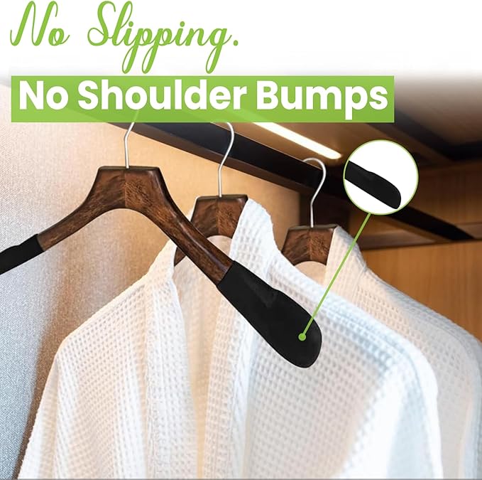 Premium Luxe Wooden Hangers for Women, Wide Shoulder Design for Dresses, Skirts, Sweaters & Blouses, Heavy Duty with Velvet Grip, Mahogany with Black Velvet, 12 pcs