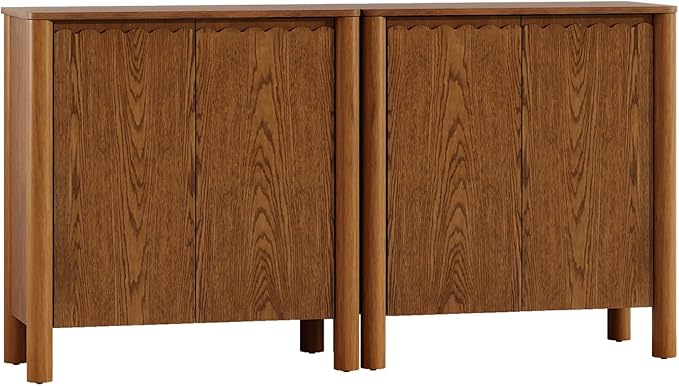 Buffet Cabinet with Storage, Accent Sideboard Cabinet with Adjustable Shelves, Solid Wood Freestanding Storage Cabinet for Living Room Dining Room Entry Kitchen, Light Brown