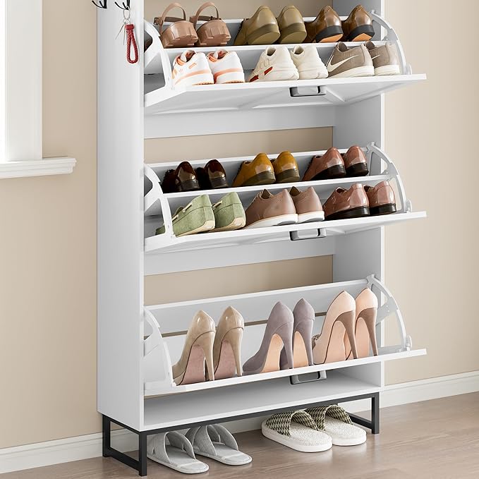 Shoe Cabinet with 3 Flip Drawers Narrow Shoe Storage Cabinet Organizer Wooden Freestanding Shoe Rack Hidden Slim Shoes Storage Cabinet for Entryway, Hallway, Living Room, Bedroom