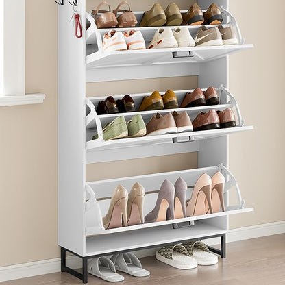 Shoe Cabinet with 3 Flip Drawers Narrow Shoe Storage Cabinet Organizer Wooden Freestanding Shoe Rack Hidden Slim Shoes Storage Cabinet for Entryway, Hallway, Living Room, Bedroom