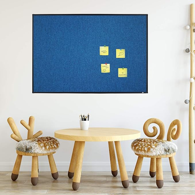 Lockways Linen Cork Bulletin Board, 36 x 24 Inch Framed Linen Fabric Pinboard, Blue Color Message Notice Wall Bulletin Cork Board for Home Kitchen Office Decorative, Black Aluminum Frame