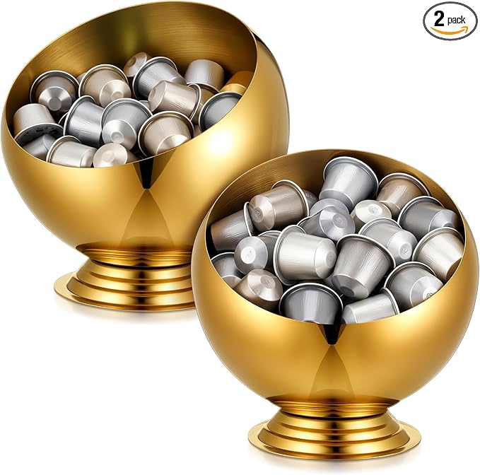 2 Pcs Large Capacity Coffee Pod Holder for Countertop, Metal Capsule Organizer for Coffee Bar and Kitchen, Open Storage Bowl for Single-serve Pods (Gold)