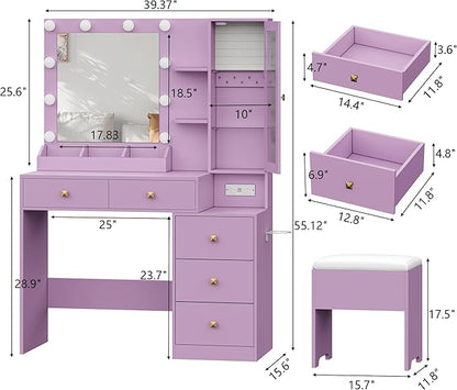 Vanity Desk with Mirror and Lights, Purple Makeup Vanity with 5 Drawers Hidden Jewelry Organizer& LED Glass Cabinet,3 Light Mode and Brightness Adjusted,Vanities Mirror with Lights Desk and Chair