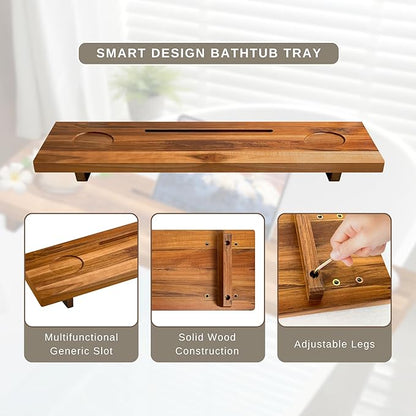 Bathtub Tray for Standard Tubs – 29" Adjustable Teak Wood Bath Caddy | Anti-Tip, Non-Toxic, Waterproof, Sustainable Bath Tray Organizer for Relaxing Spa & Home Use