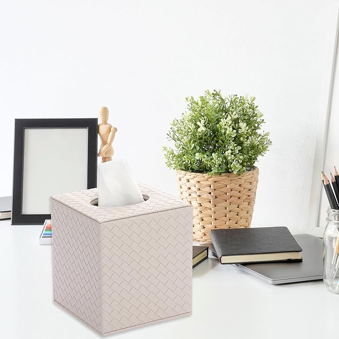 Sumnacon Square Tissue Box Cover, Stylish PU Woven Lozenge Pattern Tissue Box Holder with Magnetic Bottom, Classic Style, Beige