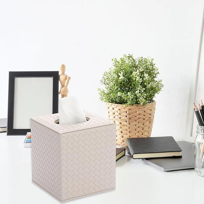 Sumnacon Square Tissue Box Cover, Stylish PU Woven Lozenge Pattern Tissue Box Holder with Magnetic Bottom, Classic Style, Beige