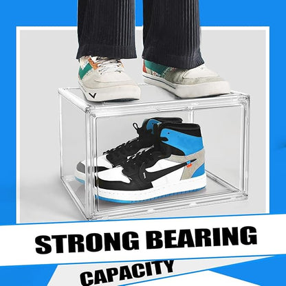 12 Pack Acrylic Shoe Large Storage Box with Magnetic Door Size 13 Clear Stackable Shoe Organizer for Closet Space Saving Shoe Cabinet Sneaker Display Case