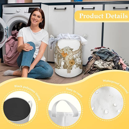 Western Laundry Basket, Vintage Western Floral Bull Skull Waterproof Collapsible Laundry Hamper Dirty Clothes Storage Toy Bin Organizer for Western Bathroom Bedroom, Western Home Decor