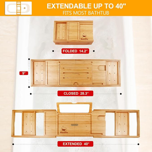 Premium Bathtub Tray Caddy with Makeup Mirror Bamboo - Bath Tray Expandable- Unique House Warming Gifts, New Home, Anniversary & Wedding Gifts for Couple, Bridal Shower Gift for Wome