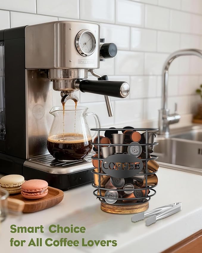 Uniclife Coffee Pod Holder K Cup Holder with Ice Tongs, Large Capacity Coffee Pod Storage for 10-30 Capsules Metal Wire Cup Organizer Coffee Pod Organizer with Wooden Base, Storage Basket for Kitchen