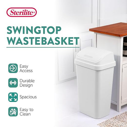 Sterilite 12-Pack Swing Top Wastebasket, Sleek Square Profile Trash Can, 13 Gallon, White - Modern Garbage Bin for Kitchen, Bathroom, Garage and Workspace, Fits 13 Gal Liners