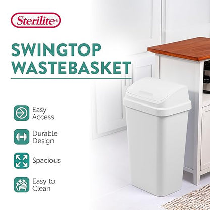 Sterilite 4-Pack Swing Top Wastebasket, Sleek Square Profile Trash Can, 13 Gallon, White - Modern Garbage Bin for Kitchen, Bathroom, Garage and Workspace, Fits 13 Gal Liners