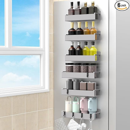 HuggieGems 6 Pack Magnetic Spice Rack Organizer for Refrigerator and Oven, Light Grey Fridge Organizers and Storage for Kitchen