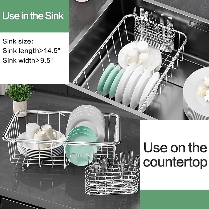 Fanbsy Small Dish Drainer Rack in Sink Adjustable, Expandable Stainless Steel Metal Dish Drying Rack Organizer with Stainless Steel Utensil Holder Over Inside Sink Counter, Rustproof(for 1-2 People)