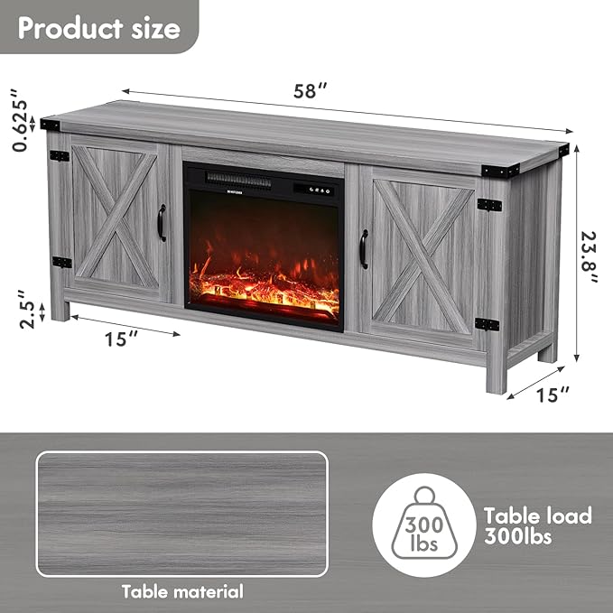 YESHOMY Fireplace TV Stand with Two Barn Doors and Storage Cabinets for Televisions up to 65+ Inch, Entertainment Center Console Table, Media Furniture for Living Room, 58 Inch, Gray