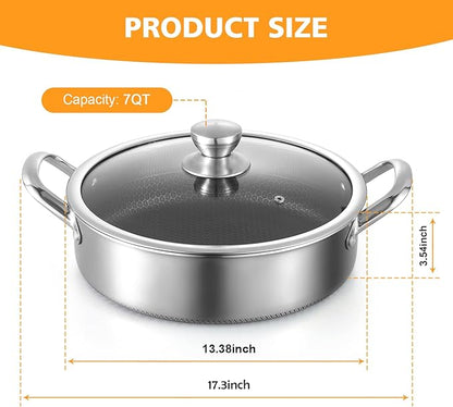 Stainless Steel 7QT Saute Pan 14 Inch Deep Frying Pan with Lid Nonstick,Hybird Induction Cooking Pan,PFOA Free Cookware,Large Skillets