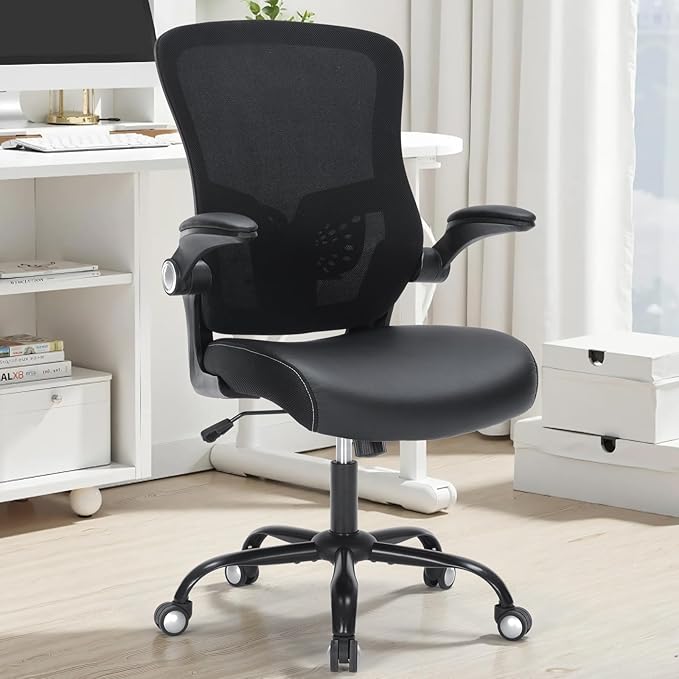 Ergonomic Office Chair, Mid Back Breathable Mesh Desk Computer Swivel Chair with Adjustable Lumbar Support,Flip up Arms,PU Leather Cushion for Home Office, Black