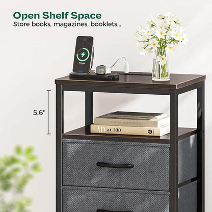 Huuger Night Stand with Charging Station, 4 Drawer Dresser for Bedroom, Bedside Table, 33.9 Inch Tall Nightstand with Open Shelf, End Table, for Closet, Entryway, Bedroom, Walnut