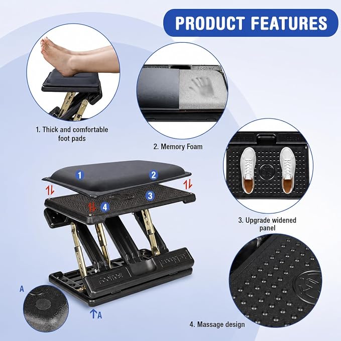 Foot Rest for Under Desk at Work 4-Level Height Adjustable, Lengthen Ergonomic Foldable Footrest for Office, Gaming,Computer, Soft & Removable Pad Desk Foot Stool for All Seasons (Gray Plus)