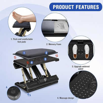 Foot Rest for Under Desk at Work 4-Level Height Adjustable, Lengthen Ergonomic Foldable Footrest for Office, Gaming,Computer, Soft & Removable Pad Desk Foot Stool for All Seasons (Gray Plus)
