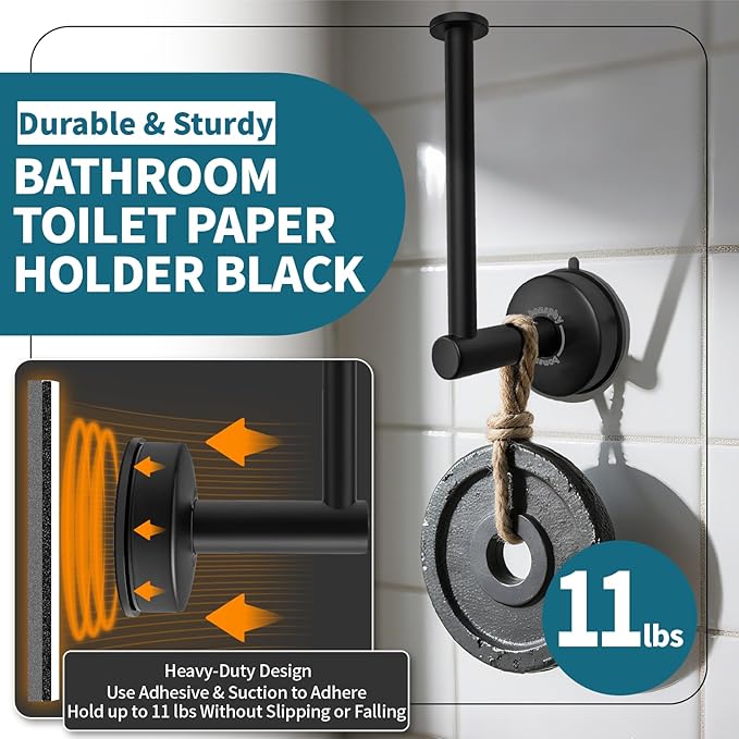 No-Drill Toilet Paper Holder Wall Mount - Removable Adhesive Suction Cup, 304 Stainless Steel, Multi-Function Hat Racks & Hand Towel Holder for Bathroom RV, 2 Pack, Matte Black
