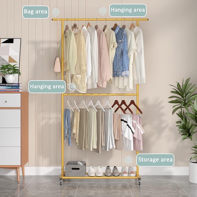 Sywhitta Double Rod Clothing Garment Rack, Rolling Clothes Organizer on Wheels for Hanging Clothes, Easy to Assemble, Adjustable, Gold